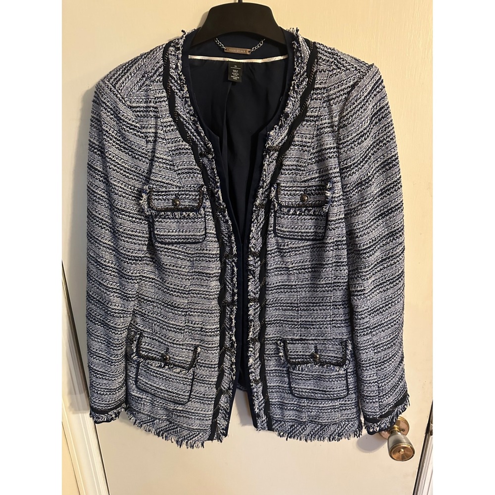 WHBM White House Black Market Blue Tweed Fringe Blazer Women Sz 10 Office‎ Siren